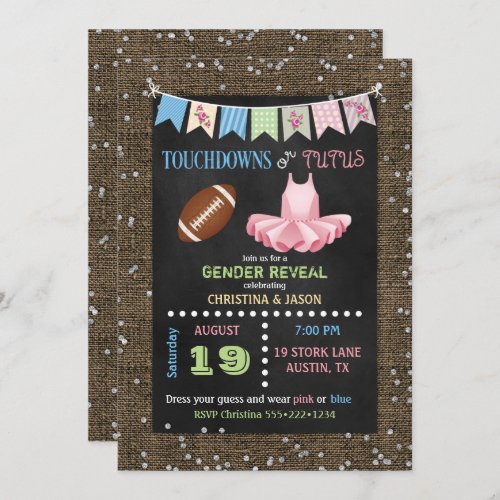 Chalkboard Touchdowns or Tutus Gender Reveal Invitation