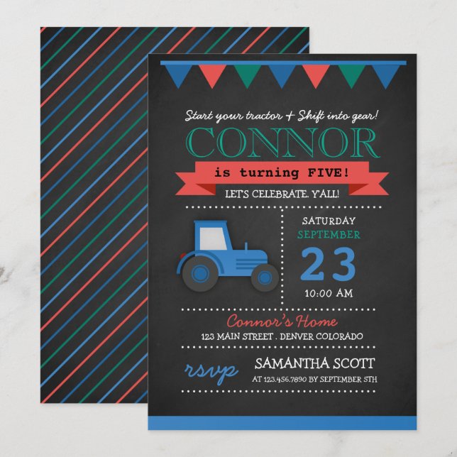 Chalkboard Tractor/Farm Birthday Party Invitation (Front/Back)