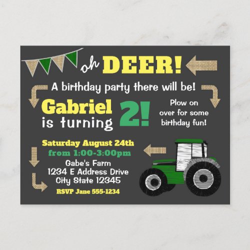 Chalkboard Tractor Invite Birthday Tractor Invitation Postcard