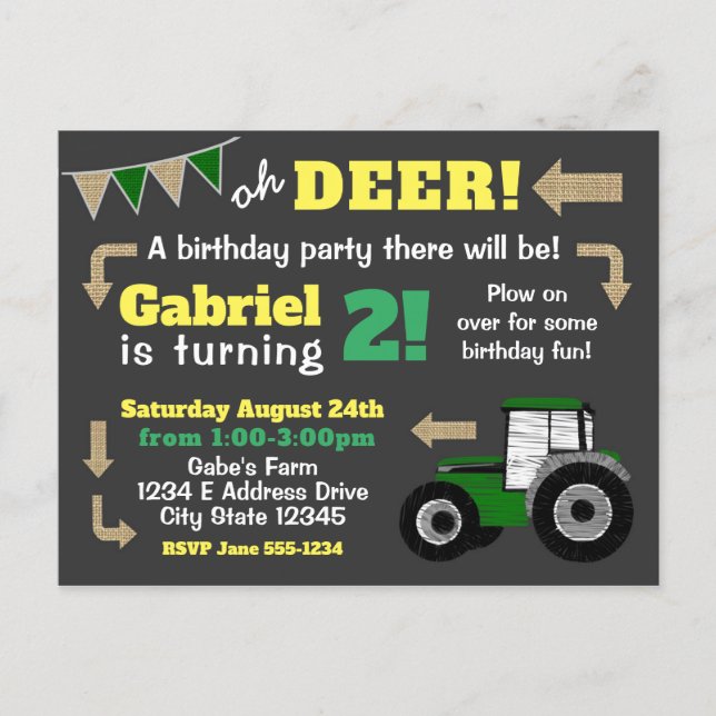 Chalkboard Tractor Invite, Birthday Tractor Invitation Postcard (Front)