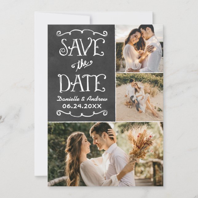 Chalkboard Triple Photo Collage Wedding Save The Date (Front)