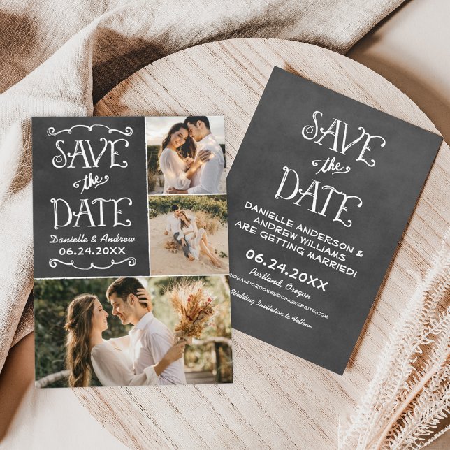 Chalkboard Triple Photo Collage Wedding Save The Date (Creator Uploaded)