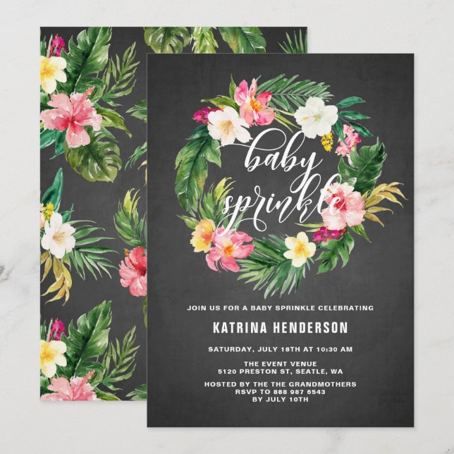 Chalkboard Tropical Flowers Wreath Baby Sprinkle Invitation (Front/Back)