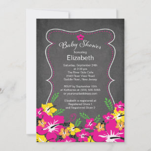 Chalkboard Tropical Hibiscus Flowers Baby Shower Invitation