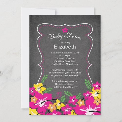 Chalkboard Tropical Hibiscus Flowers Baby Shower Personalized Invitations