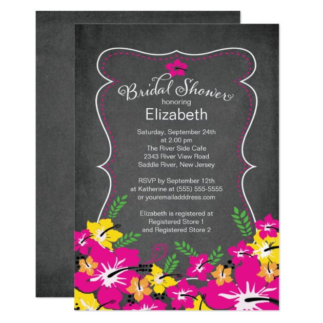 Chalkboard Tropical Hibiscus Flowers Bridal Shower Invitation