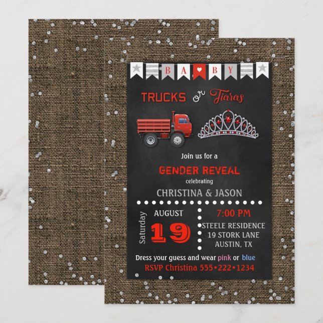Chalkboard Trucks or Tiaras Red Gray Gender Reveal Invitation (Front/Back)