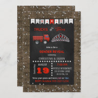 Chalkboard Trucks or Tiaras Red Gray Gender Reveal Invitation