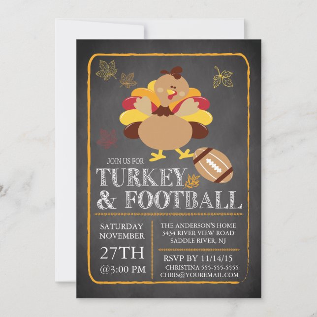 Chalkboard Turkey Football Thanksgiving Invitation (Front)