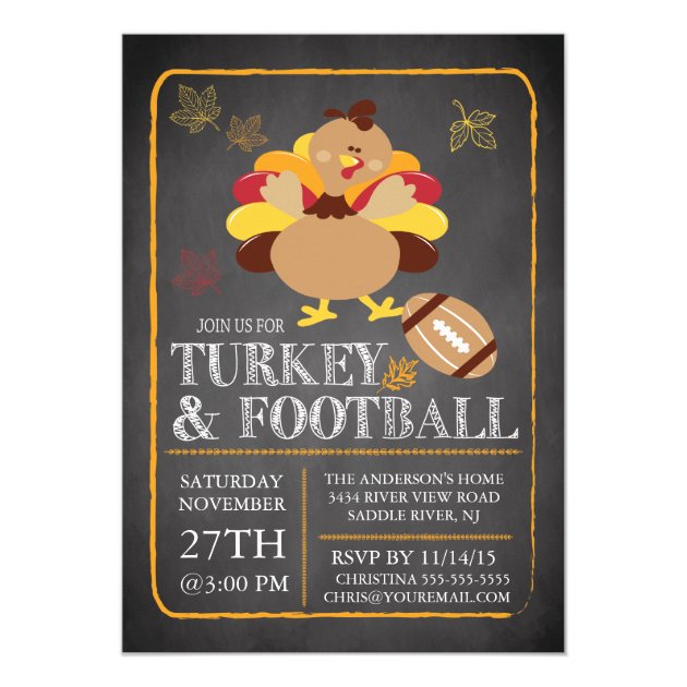 Chalkboard Turkey Football Thanksgiving Invitation