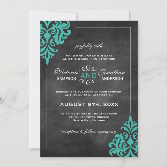 Chalkboard Turquoise Damask Wedding Invitations (Front)