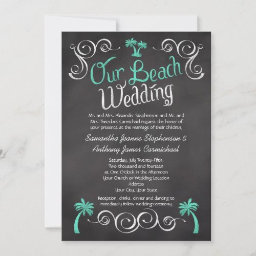 Chalkboard Turquoise Palm Tree Beach Wedding Invite