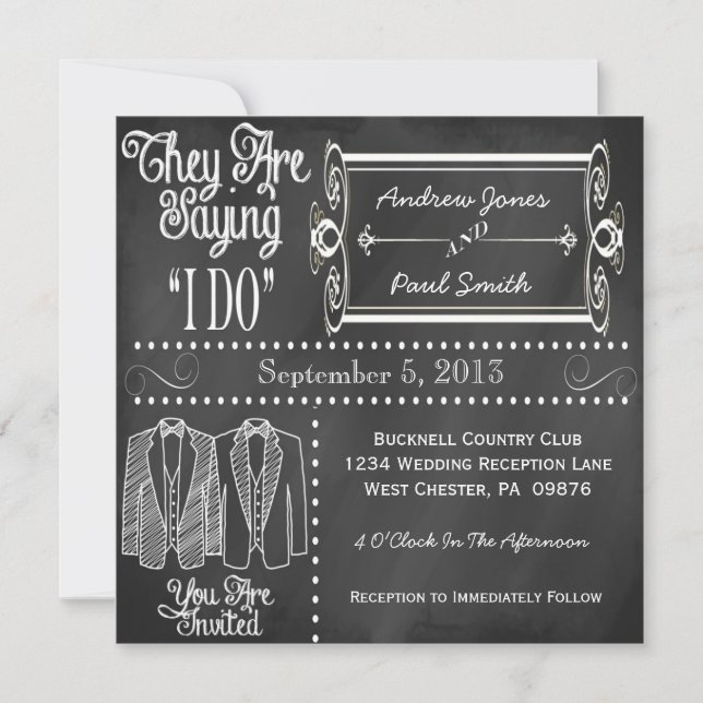 Chalkboard Tuxedo Gay Wedding Invitations (Front)