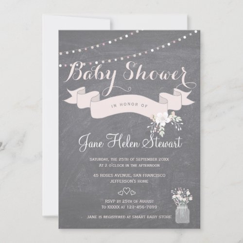 Chalkboard twinkle lights ribbon baby shower invitation