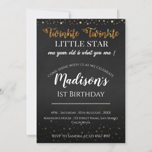 Chalkboard Twinkle Little Star 1st Birthday Party Invitation