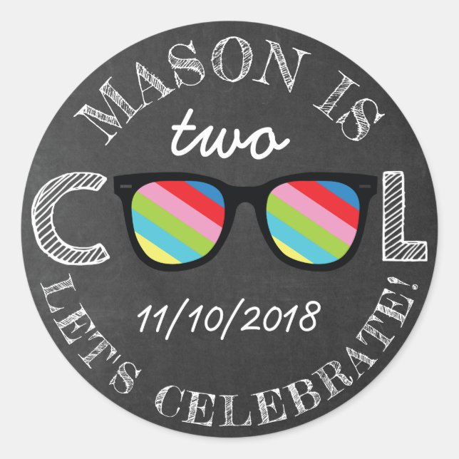 Chalkboard Two Cool Two Years Old Birthday Classic Round Sticker (Front)