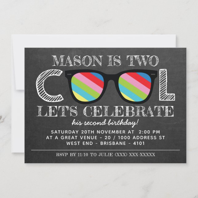 Chalkboard Two Cool Two Years Old Birthday Invitation (Front)
