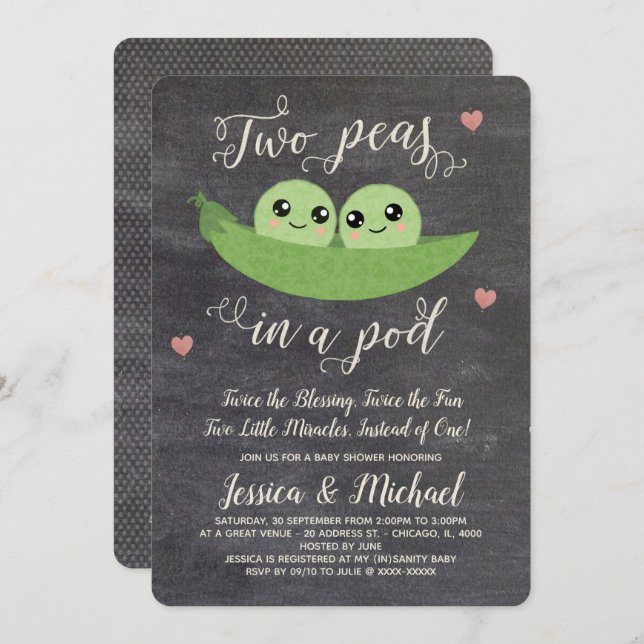 Chalkboard Two Peas In A Pod Twins Baby Shower Invitation (Front/Back)