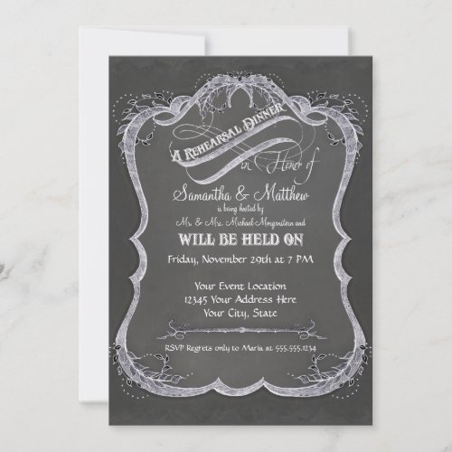 Chalkboard Typographic Leaf Swirl Rustic Wedding Invitation
