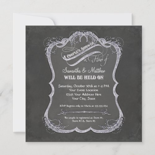Chalkboard Typographic Leaf Swirl Rustic Wedding Custom Invites