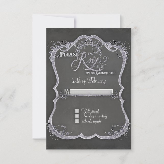 Chalkboard Typographic Leaf Swirl Rustic Wedding RSVP Card (Front)