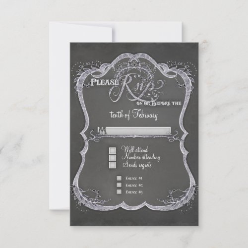 Chalkboard Typographic Leaf Swirl Rustic Wedding RSVP Card