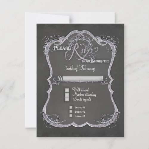 Chalkboard Typographic Leaf Swirl Rustic Wedding RSVP Card