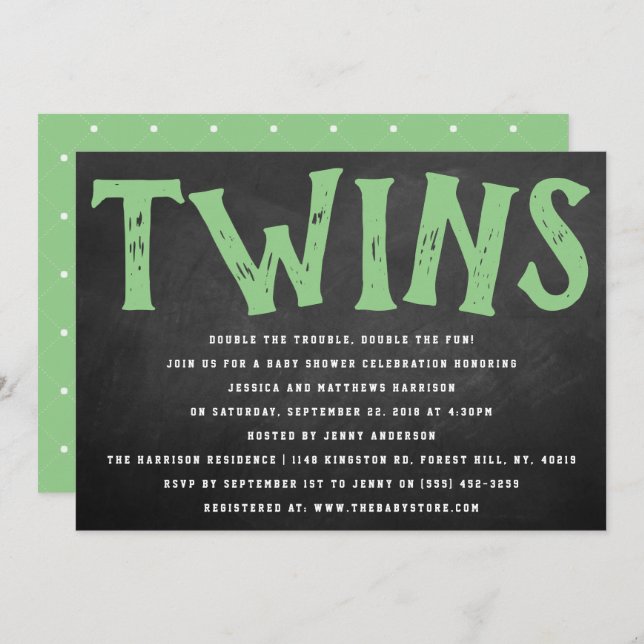 Chalkboard Typography Neutral Twins Baby Shower Invitation (Front/Back)