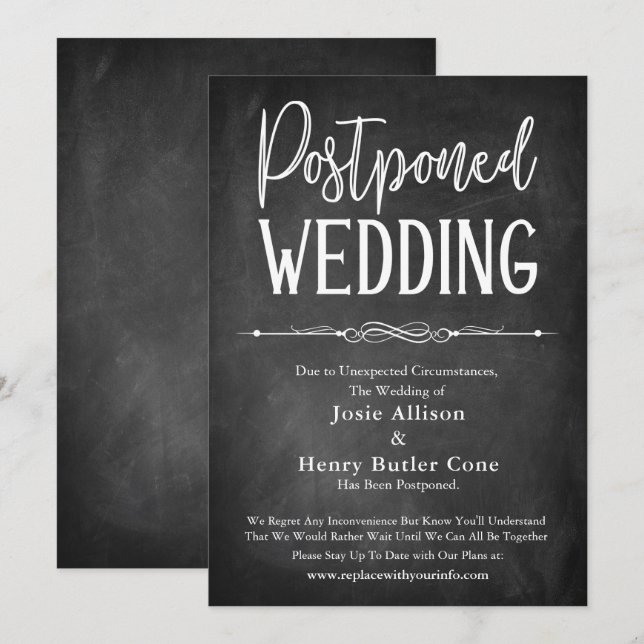 Chalkboard Typography Postponed Wedding Card (Front/Back)