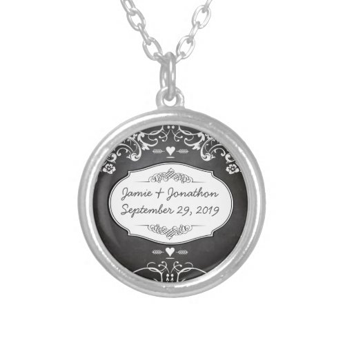 Chalkboard Typography Weddings Silver Plated Necklace