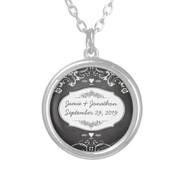 Chalkboard Typography Weddings Silver Plated Necklace (Front)