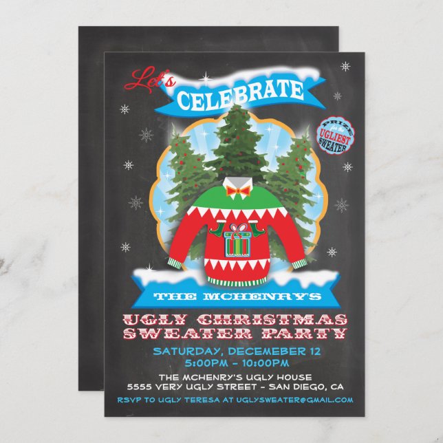Chalkboard Ugly Christmas Sweater Invitations (Front/Back)