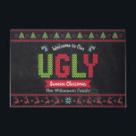 Chalkboard Ugly Christmas Sweater Nordic Knit Fun Doormat<br><div class="desc">“Welcome to our ugly sweater Christmas.” Decorate your entryway in “style” with this unique, fun custom personalized name holiday welcome mat! Nordic knit fair isle pattern of whimsical trees, reindeer, ornaments, along with playful “sweater” typography in red, green and aqua blue, overlay a chalkboard background. Add your family name or...</div>