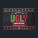 Chalkboard Ugly Christmas Sweater Nordic Knit Fun Doormat<br><div class="desc">“Welcome to our ugly sweater Christmas.” Decorate your entryway in “style” with this unique, fun custom personalized name holiday welcome mat! Nordic knit fair isle pattern of whimsical trees, reindeer, ornaments, along with playful “sweater” typography in red, green and aqua blue, overlay a chalkboard background. Add your family name or...</div>