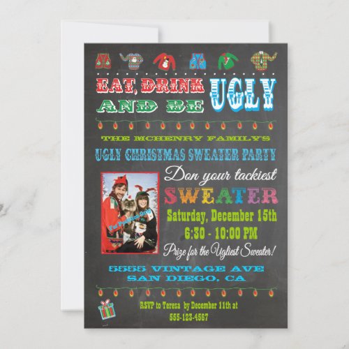 Chalkboard Ugly Christmas Sweater Photo Invitation