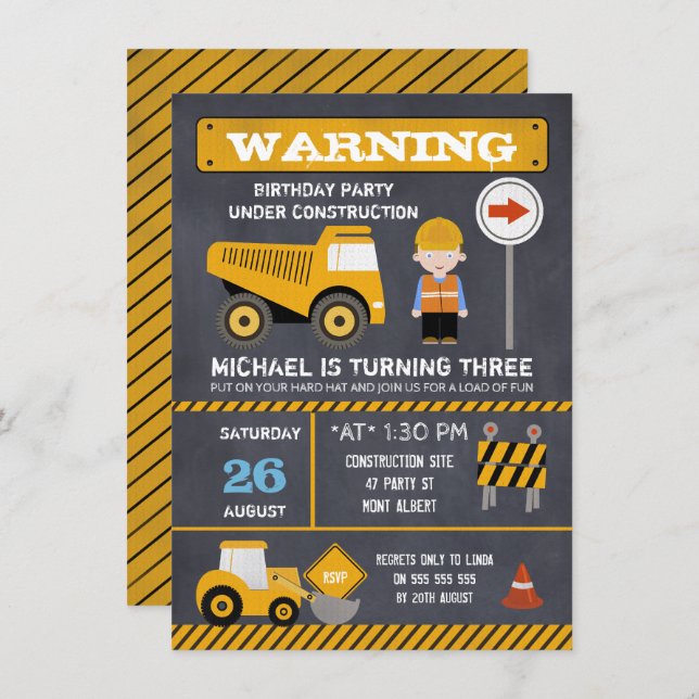 Chalkboard Under Construction Birthday Invitation (Front/Back)