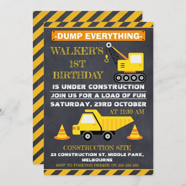 Chalkboard Under Construction Birthday Invitation (Front/Back)