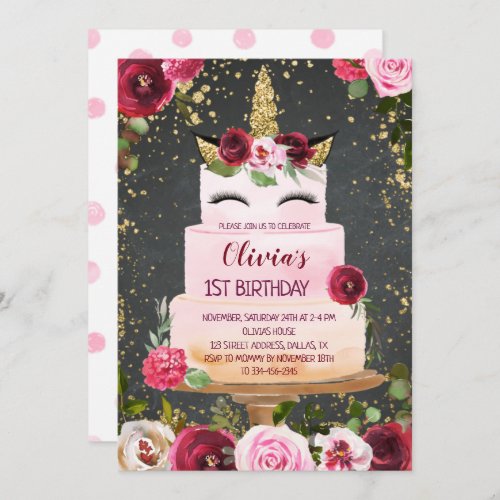 Chalkboard Unicorn Cake Birthday Invitation