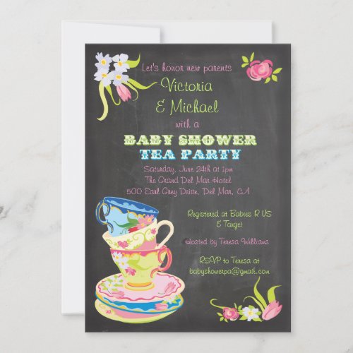 Chalkboard Victorian Stacked Tea Cups Baby Shower Invitation