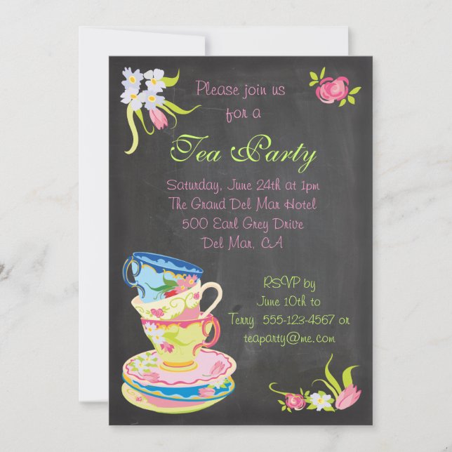 Chalkboard Victorian Stacked Tea Cups Invitation (Front)