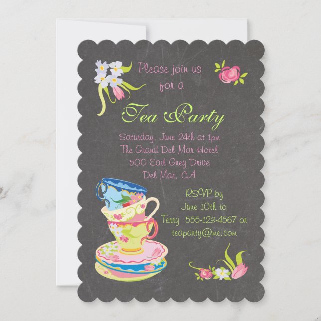 Chalkboard Victorian Stacked Tea Cups Tea Party Invitation (Front)