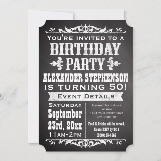 Chalkboard Vintage Blackboard Theme Birthday Party Invitation (Front)