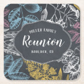 Chalkboard vintage floral family reunion square paper coaster (Front)