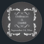 Chalkboard & vintage frame wedding Save the Date Classic Round Sticker<br><div class="desc">Chalkboard with vintage scroll leaf frame wedding Save the Date sticker featuring a white vintage frame of scroll leaveson a charcoal grey chalkboard or blackboard background and your text in a frame with curls. A modern and contemporary approach to a vintage theme. This retro template design is part of a...</div>