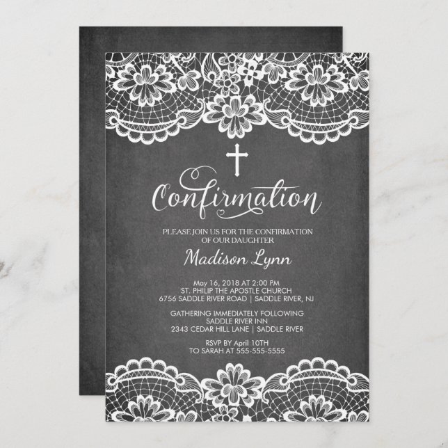 Chalkboard Vintage Lace Confirmation Invitation (Front/Back)