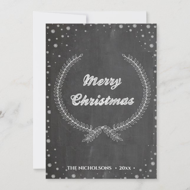 Chalkboard Vintage Merry Christmas Foliage Wreath Holiday Card (Front)