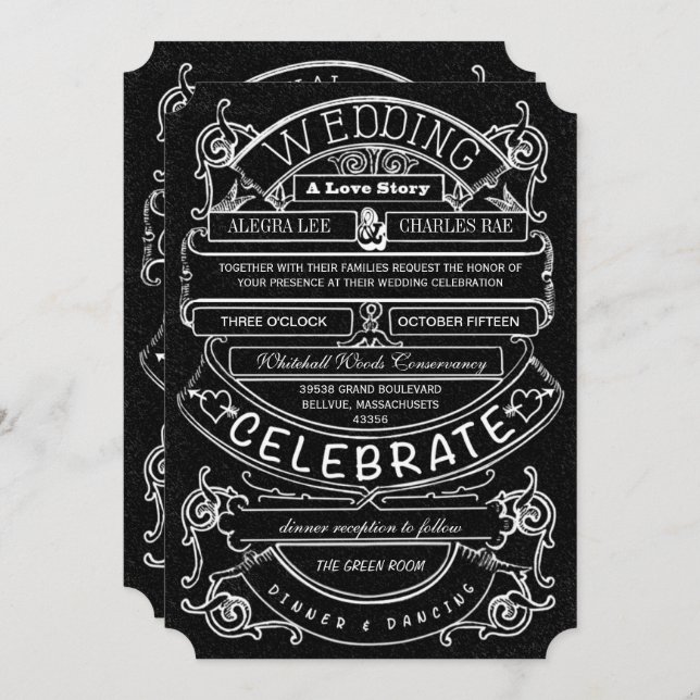 Chalkboard Vintage Modern Typography Wedding Invitation (Front/Back)