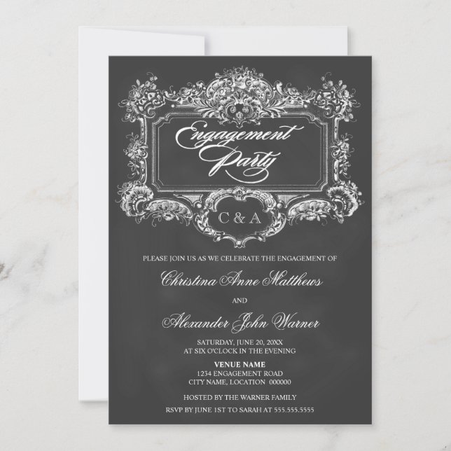 Chalkboard Vintage Ornament Engagement Party Invitation (Front)