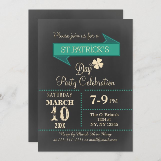 Chalkboard Vintage St Patricks day Party Invitation (Front/Back)