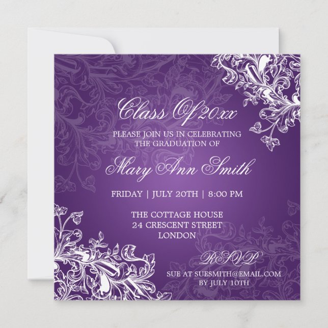 Chalkboard Vintage Swirls Graduation Party Purple Invitation (Front)